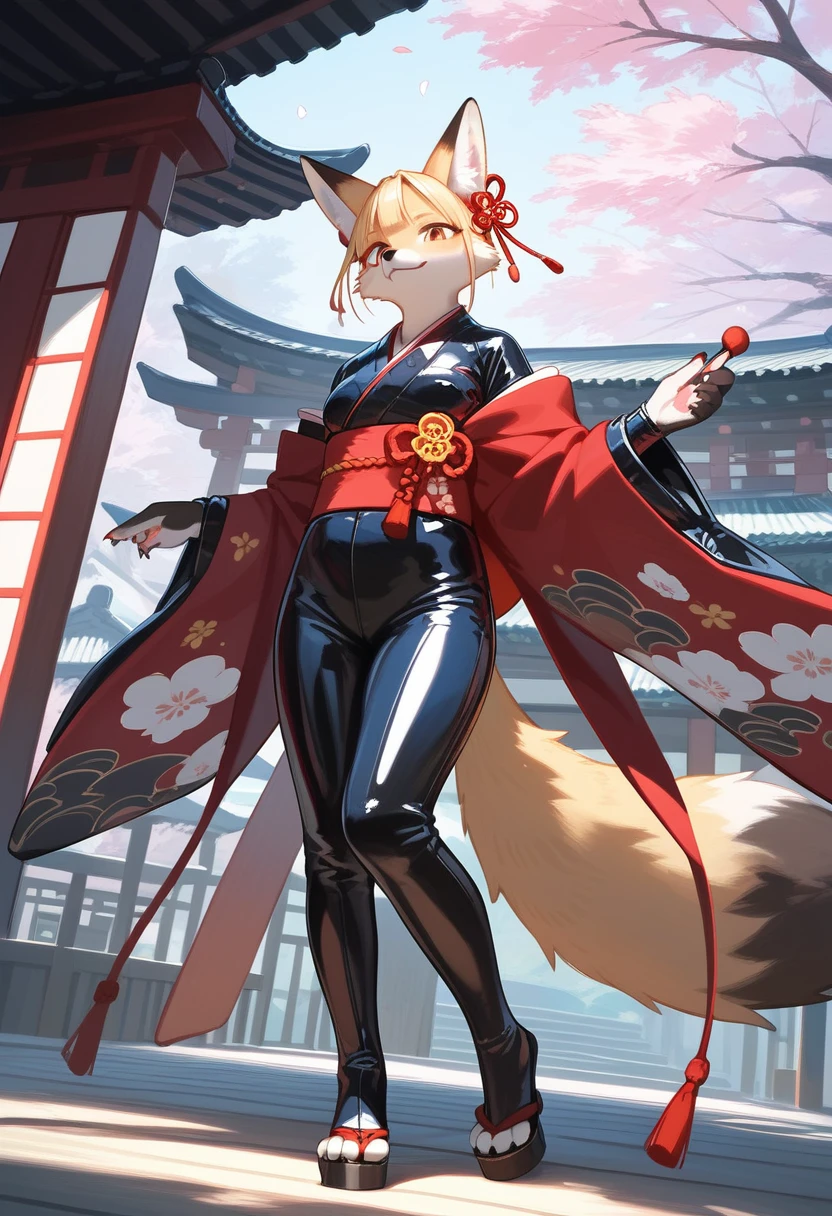 Highest quality, Highest quality, High quality illustrations, masterpiece, Ultra-high resolution, Detailed Background, Kyoto, Absurd, Perfect Anatomy, performance, Good lighting, Shadows in the movies(kemono, Furry Personifi猫ion), fox, kimono, latex, rubber, Dynamic Angle