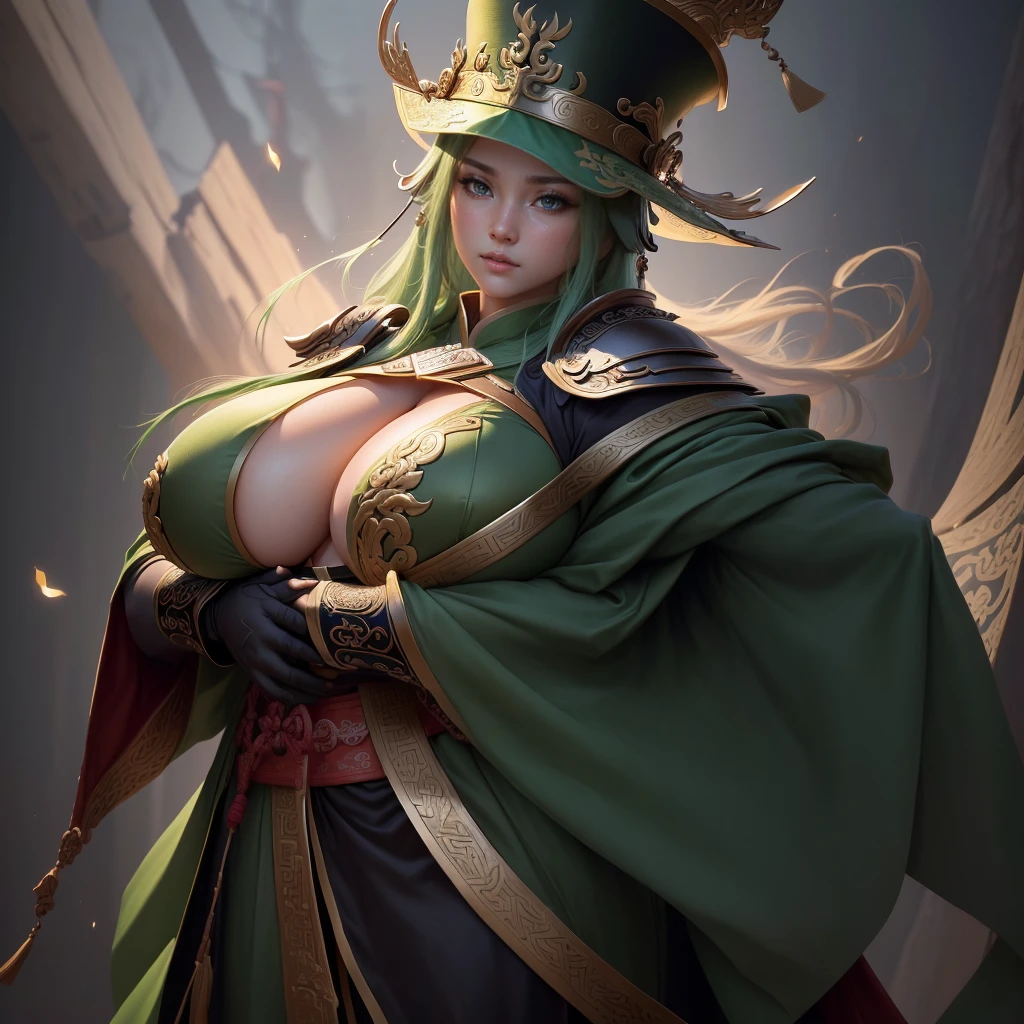 a close up of a man in a green robe and a hat, inspired by Dong Yuan, zhao yun, inspired by Cao Zhibai, inspired by Guan Daosheng, inspired by Hu Zaobin, inspired by Huang Shen, inspired by Zhang Sengyao, inspired by Huang Ding, inspired by Wu Bin, inspired by Li Kan, guan yu, Highly detailed CG unit 8k wallpaper, masterpiece, High resolution, highest quality, highest quality real texture skin, Super Real, Digital Painting, Best image quality, 最High resolution, 8k, ((Highly detailed eyes and face, Beautiful eyes every detail)), (Saggy breasts, Gravity-dependent breasts, long chest, Heavy chest, disproportionate breasts, huge breasts, sagging breasts, gigantic breasts,), 