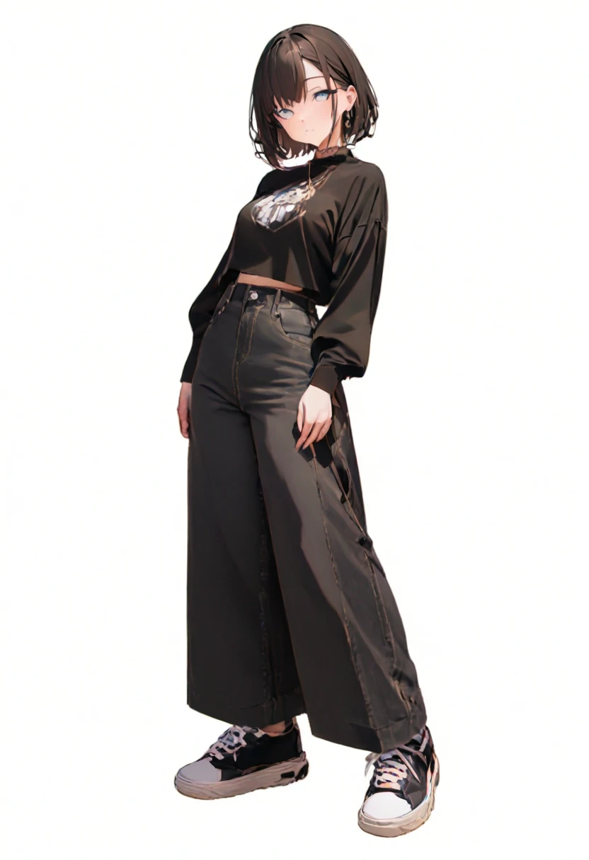 (Masterpiece, best quality: 1.2, 8K), center, full body, 20s, one adult girl, black fashion, casual wide pants, simple sneakers, simple background, white background, open eyes, delicate eyes, beautiful eyes,