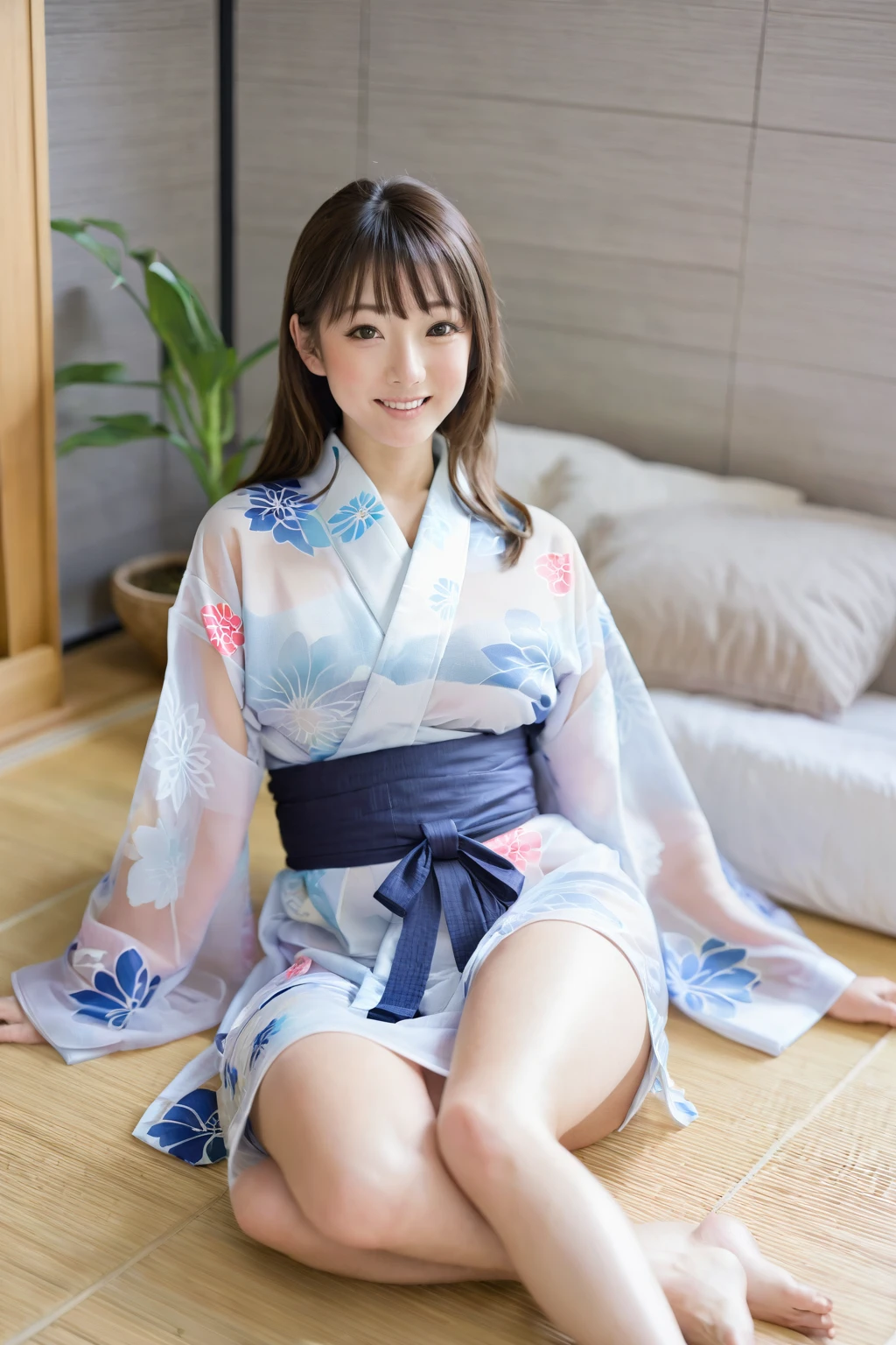 Wearing a transparent yukata、Woman sitting with legs spread
