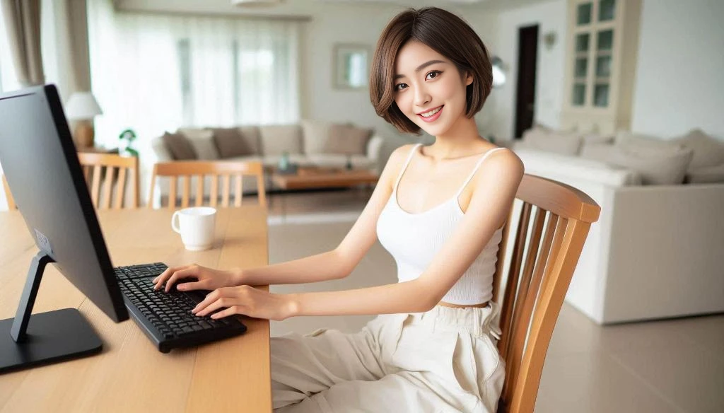 masterpiece, realistic, photorealistic, best quality, beautiful detailed, natural lighting, sharp focus, depth of field, slim body, abs:1.2, small breasts, best quality real texture skin, Detailed beautiful delicate face and eyes, beautiful Japanese young woman, eyes open, looking at viewer, best quality real texture skin, Detailed beautiful delicate face and eyes, double eyelid, smile:1.2, white teeth:1.2, short straight brown hair