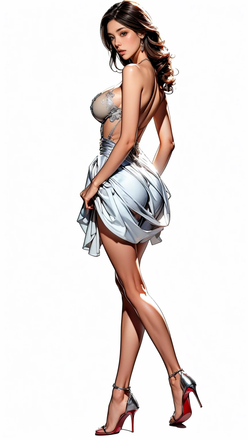 ((best quality,4k,highres,masterpiece:1.2)),((character concept art)), 1 female, Spanish, age 29, (((tan skin color, dark brunette hair))), and the body of a seductive flamenco dancer (busty, slim fit curvaceous body). She is ((wearing a sparkling silver flamenco-inspired dress with a fitted bodice, plunging neckline, cinched waist, and a voluminous skirt)). The dress is made from luxurious satin, embroidered with delicate lace, adorned with Swarovski crystals, and completed with a long, dramatic train. The back dips down to a low V, adding allure, and a high leg slit enhances the overall sensuality of the ensemble. She pairs the dress with Christian Louboutin high heels. Her gaze is intense and alluring, reflecting her captivating personality and intriguing background, (standing gracefully), (full body showcase), (show full body), (no logos on background), (no logo), ((plain background)), ((plain background)), (((empty background))).