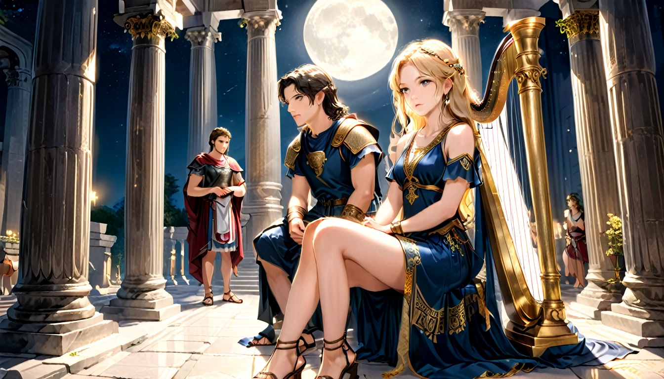 Ancient Greek temple, The main characters are two men and women, The young man stands, the girl sits, leaning against a pillar, a handsome young man around 20 years old, with loose shoulder-length blond hair, a Roman soldier, wearing liturgical military uniform, Roman sandals and calf and knee pads, standing leaning against the pillar and listening to the music played by a priestess, bowed slightly, holding a Roman helmet in one arm, weight on one leg with the other slightly bent, late at night, inside the temple (dark: 1.3) (unlit: 1.2), moonlight filtering in at an angle, illuminating him clearly, a young priestess sits inside the temple a little distance from him, (playing a harp:1.5) larger than her, holding it in front of her, late at night, inside the temple (dark: 1.3) (unlit: 1.2), moonlight filtering in at an angle, illuminating her faintly. Highly detailed, photorealistic, realistic lighting, intricate architecture, ornate decorations, cool color palettes, golden accents, soft fabric textures, seductive facial expressions, graceful poses, cinematic compositions, natural lighting, realistic shadows, mysterious atmosphere, hyper-realistic, award-winning art