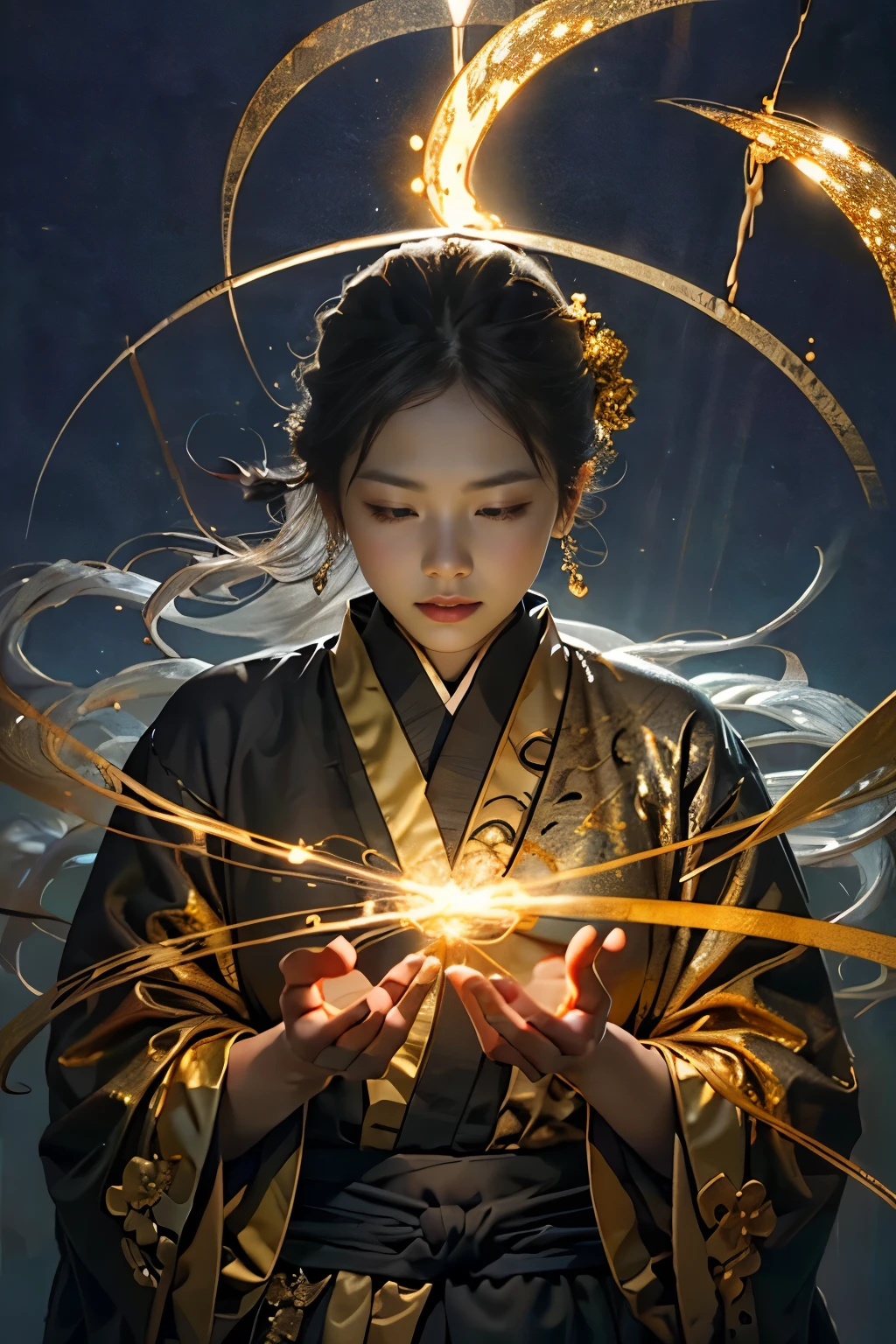 best quality,masterpiece,Ultra-high resolution,Solitary,1 Girl, ,roujinzhi,Chinese Zen style,impactful picture,translucent and glowing metallic patterns,(Glowing metal objects hovered in the air and surrounded him:1.2),(Electric arcs and sparks:1.2),(Energy Flow:1.2),(Transparent magnetic field lines:1.2),(Gold, silver and glittering light effects:1.2),