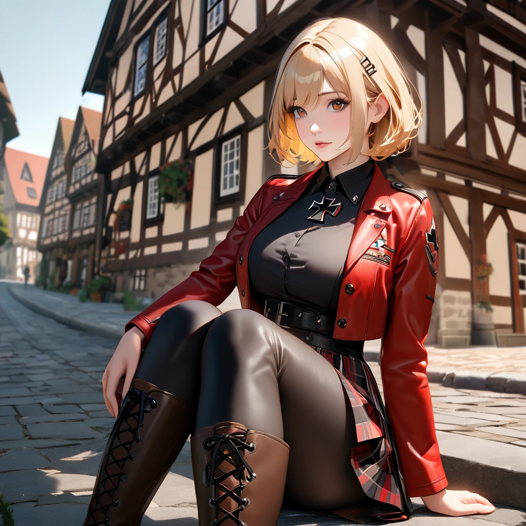 A woman wearing a long-sleeved red jacket, black shirt, wearing a plaid skirt with red and black colors, leather boots, blonde hair, short hair, red bangs, big breasts, multicolored hair, brown eyes, perfect face, perfect eyes, lips perfect, walking on a sidewalk in a traditional German town, traditional German houses, standing posture, iron cross clip in hair,UHD , prime work , accurate , anatomically correct , textured skin , super details , high quality , best quality, 8k, high resolution, bokeh effect. (woman solo), realistic, close view
