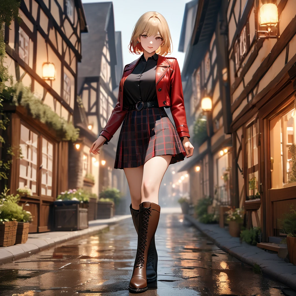 A woman wearing a long-sleeved red jacket, black shirt, wearing a plaid skirt with red and black colors, leather boots, blonde hair, short hair, red bangs, big breasts, multicolored hair, brown eyes, perfect face, perfect eyes, lips perfect, walking on a sidewalk in a traditional German town, traditional German houses, standing posture, iron cross clip in hair,UHD , prime work , accurate , anatomically correct , textured skin , super details , high quality , best quality, 8k, high resolution, bokeh effect. (woman solo), realistic, close view
