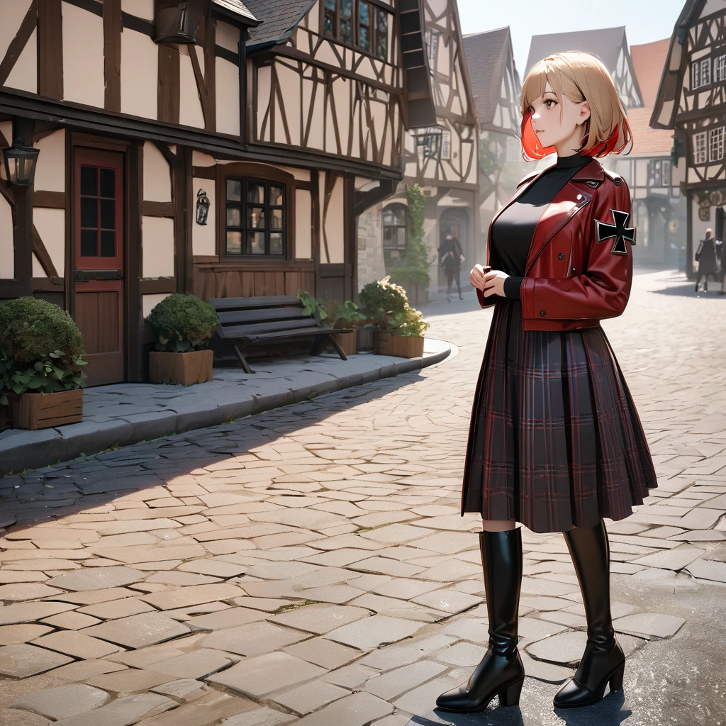 A woman wearing a long-sleeved red jacket, black shirt, wearing a plaid skirt with red and black colors, leather boots, blonde hair, short hair, red bangs, big breasts, multicolored hair, brown eyes, perfect face, perfect eyes, lips perfect, walking on a sidewalk in a traditional German town, traditional German houses, standing posture, iron cross clip in hair,UHD , prime work , accurate , anatomically correct , textured skin , super details , high quality , best quality, 8k, high resolution, bokeh effect. (woman solo), realistic, close view
