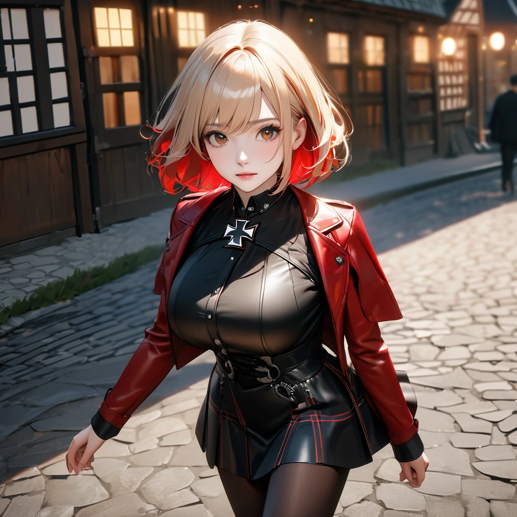 A woman wearing a long-sleeved red jacket, black shirt, wearing a plaid skirt with red and black colors, leather boots, blonde hair, short hair, red bangs, big breasts, multicolored hair, brown eyes, perfect face, perfect eyes, lips perfect, walking on a sidewalk in a traditional German town, traditional German houses, standing posture, iron cross clip in hair,UHD , prime work , accurate , anatomically correct , textured skin , super details , high quality , best quality, 8k, high resolution, bokeh effect. (woman solo), realistic, close view
