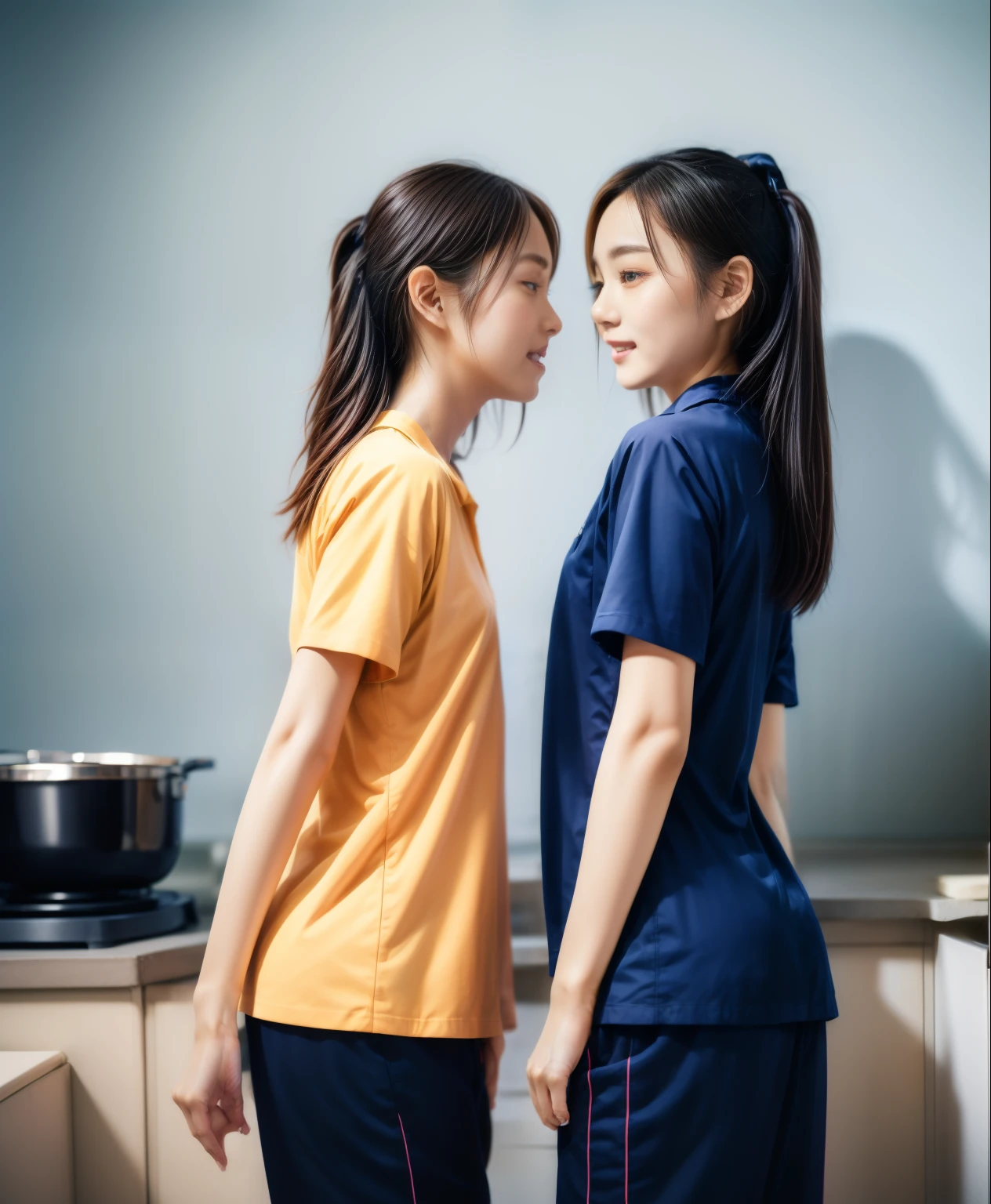 (best quality,10,10,height,Masterpiece:1.2),Special details,(realistic,ภาพrealistic,Realistic photos:1.37),1 Cute girl in the kitchen,shiny, ผิวshiny,only,smile softly,BDclothelue shirt:1.3)),short sleeve,shirt, กางเกงขาlong.,(navy_long_track pants:1.1), ((Kitchen Background)),Dynamic angle,excited,Face focus,dynamic poses,from behind,focus on ass,Masterpiece, best quality, ultra realistic, hyper detail, 8k resolution, raw photos, Sharp focus, ((Navy blue shirt:1.1)), short sleeve, เส้นทางlong, perfect body, 2 mature women, 18 years old, Cinema-grade lighting system,blue sweatpants,shirtผ้าออกกำลังกาย,correct ???????,perfect body, correct body, Sharp face, correct bodyทางกายวิภาค, full body, realistic gestures, long-haired, realistic poses,Wear long shorts...........................,ช่วงขาlong,Good shape,carved girl, Slender figure, model, Good shape, beautiful body,blue sweatpants, two girls kissing