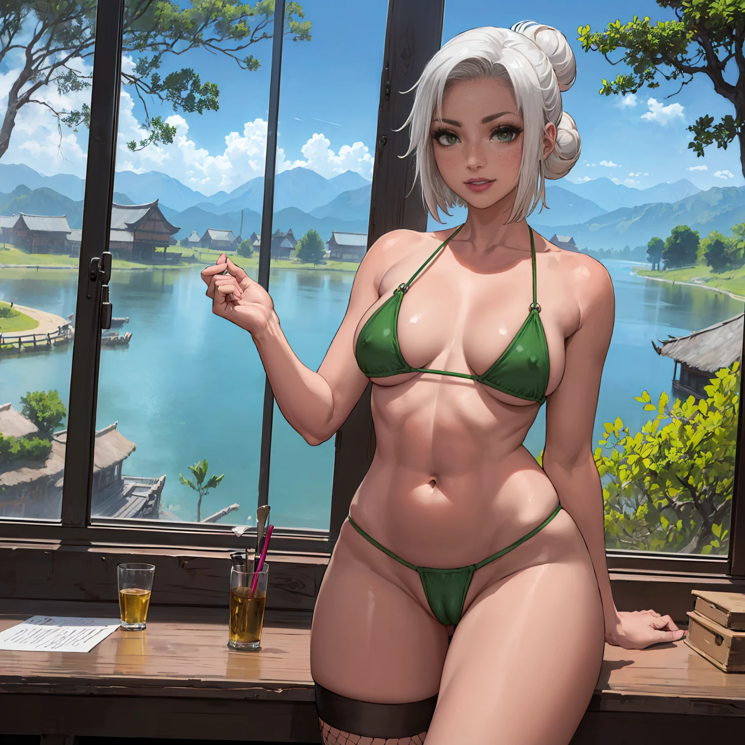 (((solo,1woman, mature, alone))), mabui, ((hair bun,  short hair, white hair, glowing green eyes, wide eyes, lipstick, makeup, narrow waist, skinny, medium breasts, dark skin, dark-skinned female,)), pelvic curtain, ((green bikini,  fishnets)), full body, perfect body, (insanely detailed, beautiful detailed face, masterpiece, best quality), (extremely detailed 8k paper CG wall unit: 1.1), (konohavillage, konoha gate walls, river, lake, tree, mountain, flower, at dawn, zebra cross, cloudy sky, cloud, dusk), (smile face for the viewer), cameltoe view, cameltoe, View from above, Diagonal view