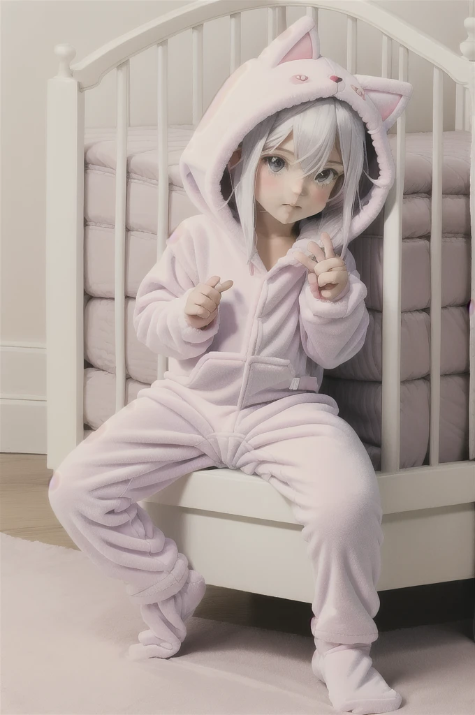 An anime image of a teenage boy with white hair wearing a diaper in a large nursery. teething ring, ((playing with toys)), (wearing cat hoodie-footie pjs), (((wearing a diaper))), night, (in a crib 1.5), stuffed animals, ((1boy)), best quality, extremely detailed, highly detailed, masterpiece, soft lighting, warm colors, pastel colors, (well drawn fingers), hood up,