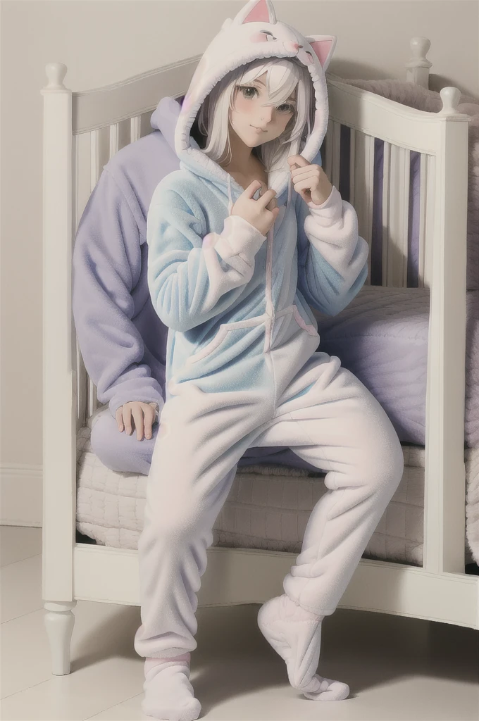 An anime image of a teenage boy with white hair wearing a diaper in a large nursery. teething ring, ((playing with toys)), (wearing cat hoodie-footie pjs), (((wearing a diaper))), night, (in a crib 1.5), stuffed animals, ((1boy)), best quality, extremely detailed, highly detailed, masterpiece, soft lighting, warm colors, pastel colors, (well drawn fingers), hood up,