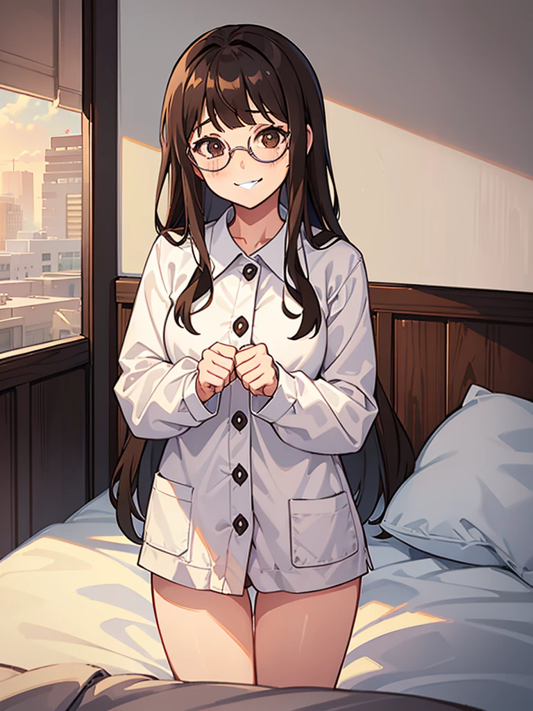 1 girl, medium construction, (((completely alone))), ((round glasses)), long brown hair, blunt bangs, Brown eyes, (((perverted smile: 1.2))), sexy look, modern, (((contemporary))), Room background, lying in bed, panties, pajamas, (((very embarrassed)))
