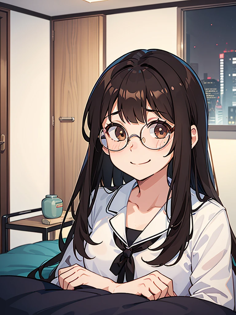 1 girl, medium construction, (((completely alone))), ((round glasses)), long brown hair, blunt bangs, Brown eyes, (((perverted smile: 1.2))), sexy look, modern, (((contemporary))), Room background, lying in bed, panties, pajamas, (((very embarrassed)))
