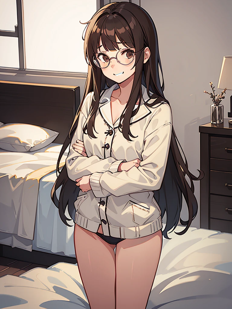 1 girl, medium construction, (((completely alone))), ((round glasses)), long brown hair, blunt bangs, Brown eyes, (((perverted smile: 1.2))), sexy look, modern, (((contemporary))), Room background, lying in bed, panties, pajamas, (((very embarrassed)))