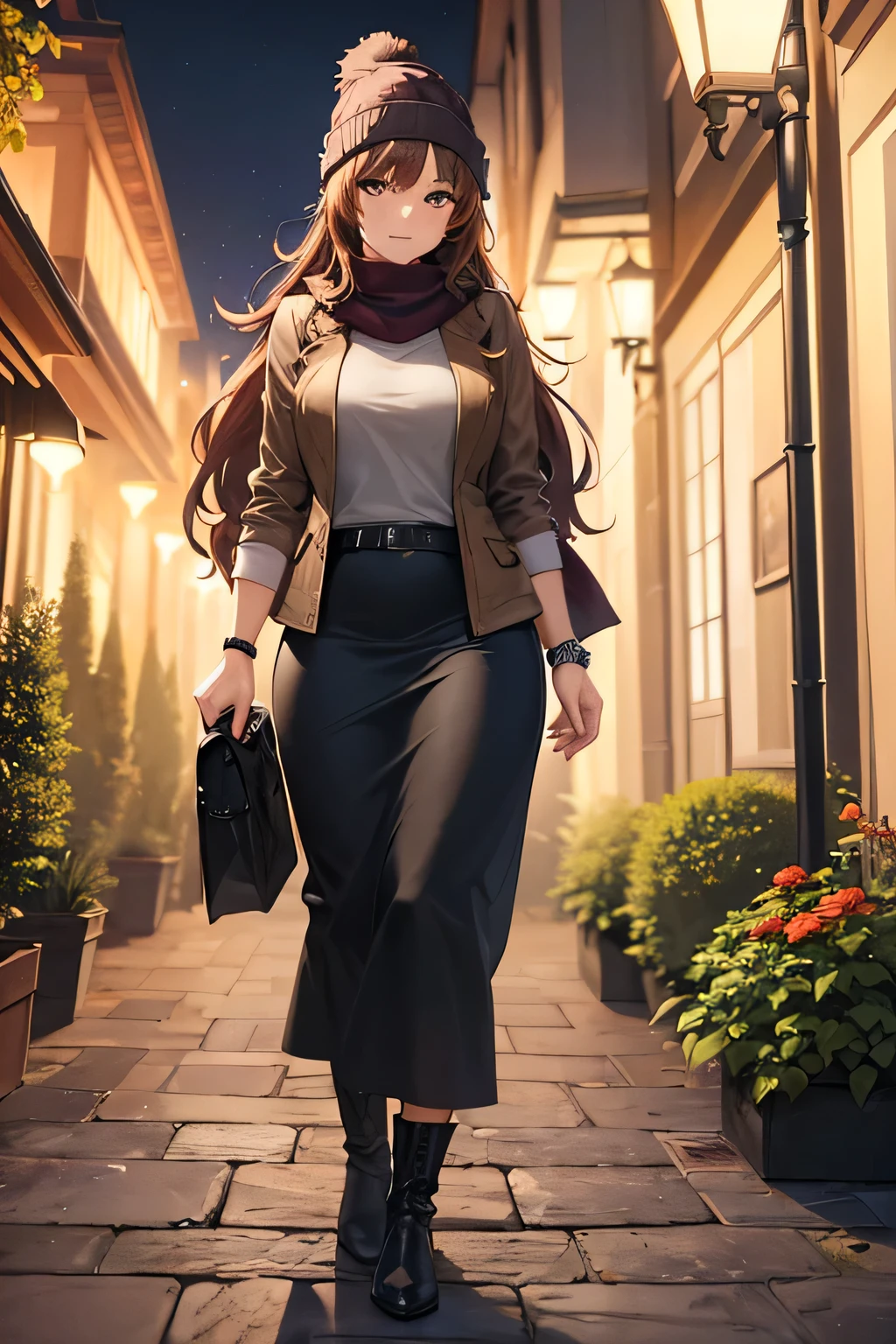 ((masterpiece, best quality, ultra-detailed)), beautiful woman walking through a fall garden, brown leather jacket with gray t-shirt, scarf, beanie, bracelet, black maxi skirt, leather boots, backpack, full body, long hair, wavy hair, fall garden, leaves, night