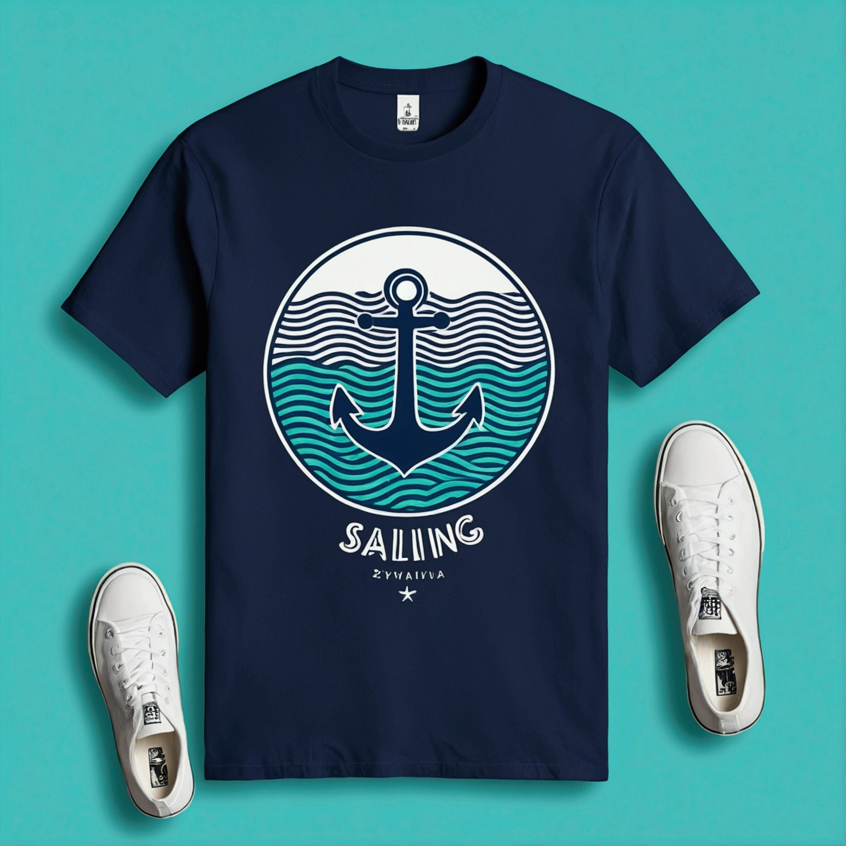 "Maritime, vector; Analogous color palette (navy blue, light blue, aqua green). Design with the word 'sailing' in a 'nautical font'. Add a drawing of an anchor and waves around the word. Surrealist style, synthwave:: t-shirt vector, central composition, simple background::-2 --upbeta --ar 1:1."