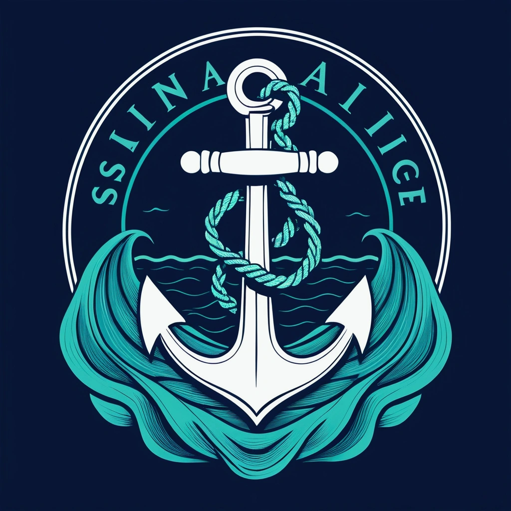 "Maritime, vector; Analogous color palette (navy blue, light blue, aqua green). Design with the word 'sailing' in a 'nautical font'. Add a drawing of an anchor and waves around the word. Surrealist style, synthwave:: t-shirt vector, central composition, simple background::-2 --upbeta --ar 1:1."