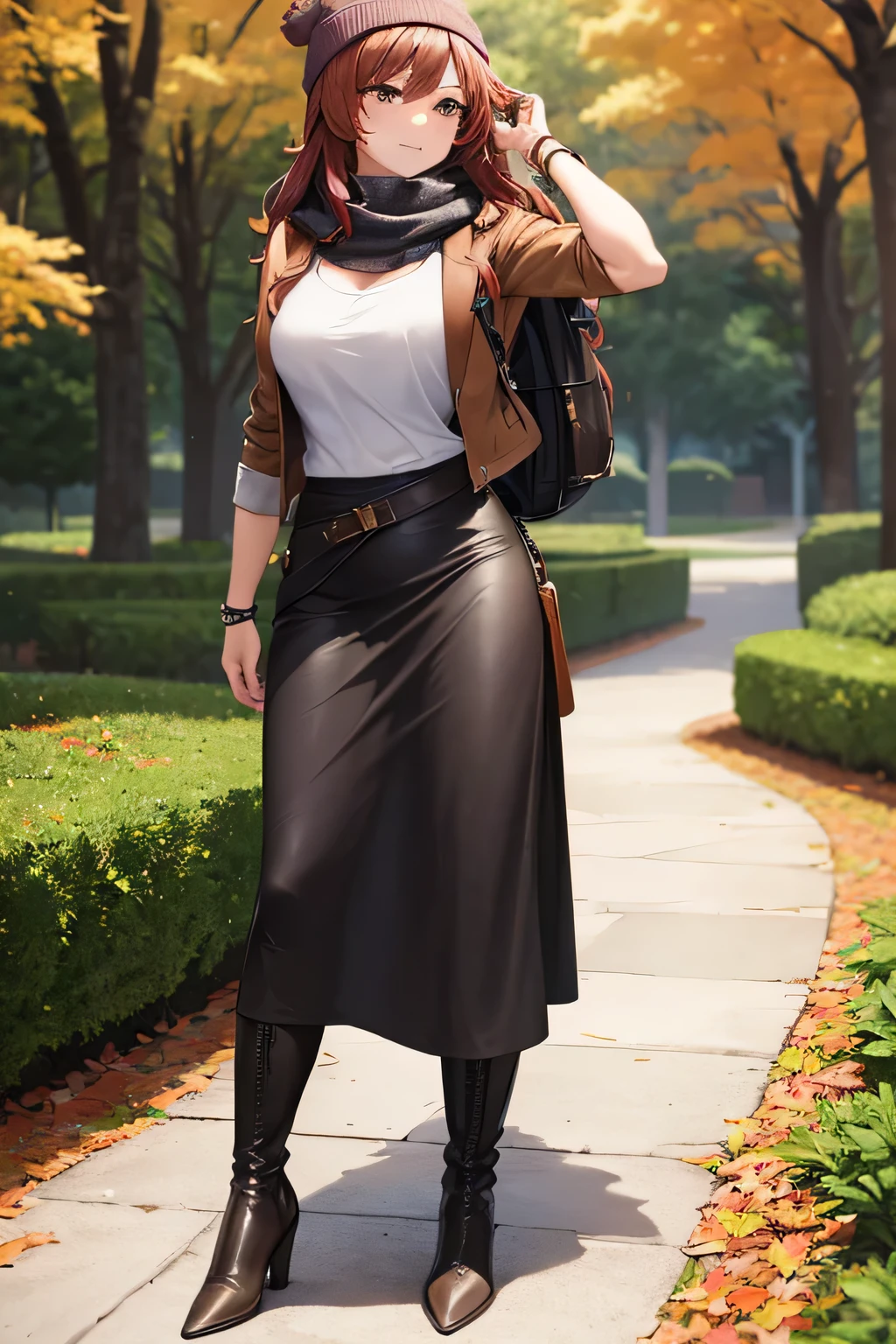 A woman in a skirt and hat is standing on a sidewalk - SeaArt AI