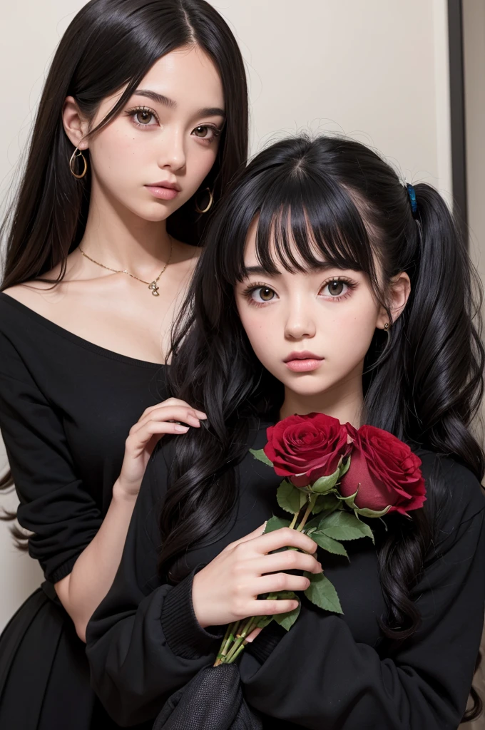 a 17 year old girl in normal black clothes, with big hair and roses styled from the anime dr.store