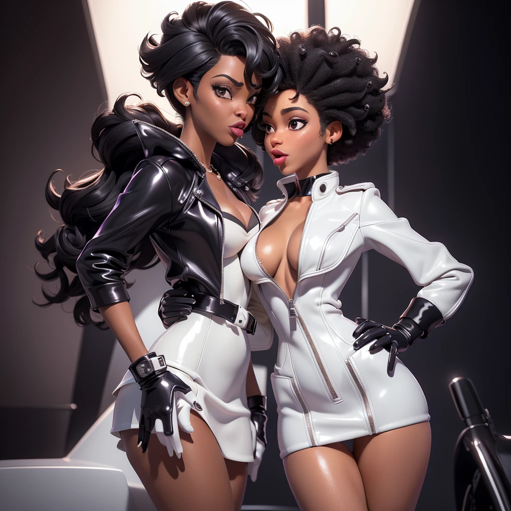 obra prima, melhor qualidade, ((two woman only,)) ((sage steele, dark black skin, brillo afro style hair, thin lips, shiny pearl lipstick,)) head back, ((sexy sultry wicked look, open mouth, pucker mouth,)) ((wearing shiny periwinkle pvc biker blazer,)) ((jacket is unzipped and wide open, small breasts, nip slip,)) jacket has padded puff shoulders, shiny leather gloves, ((shiny cream white micro mini pvc skirt,)) body is skinny, shiny tight buttocks, ((in luxury convertible, sexy tongue kissing, stick shift between legs,)) (camera view of whole body,) looking up at me, shallow depth of field, highres, HD, 8k, anatomically correct