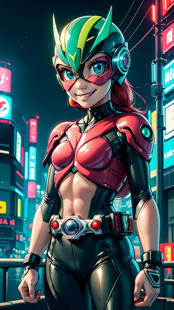 (8k),(masterpiece),(Japanese),(8-year-old girl),((innocent look)),((Childish)),From the front,smile,cute,Innocent,Kind eyes,Flat chest,ted helmet, green domino mask, Ariel, bald,no Hair,Strong wind,night,dark, Neon light cyberpunk city,Kamen_Rider,camisa