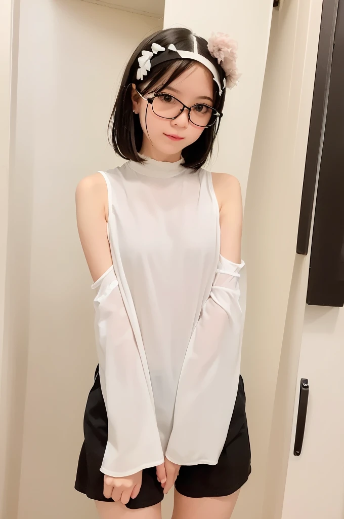 (masterpiece, Highest quality, It captures a very cute moment, Depth of written boundary, Super detailed, Ultra-high resolution, C4D, Octadale, 3D Modeling,Realistic human photos、 8k, 16K, One Girl,, 15 years old、Small breasts,Black Hair,short hair,Straight Hair,Light brown eyes,White headband,Wearing black glasses,Cute Face), Bloomers, Black tank top, zettai ryouiki, Wet clothes,Classroom Nights,Moonlight, Good elevator, Take off、Real-life skin、Not an anime、Realistic、