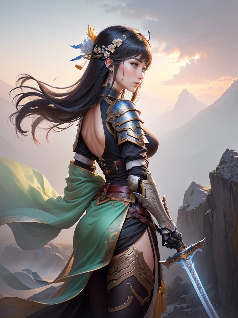 a woman in armor holding a sword and a feather, zhao yun, by Ju Lian, by Qu Leilei, chinese warrior, inspired by Shen Zhou, inspired by Li Mei-shu, by Li Zai, g liulian art style, a beautiful woman warrior, inspired by Li Rongjin, inspired by Ju Lian, beautiful character painting, xianxia hero, Highly detailed CG unit 8k wallpaper, masterpiece, High resolution, highest quality, highest quality real texture skin, Super Real, Digital Painting, Best image quality, 最High resolution, 8k, ((Highly detailed eyes and face, Beautiful eyes every detail)), smile, black hair, profile, Backless clothing, Big Ass,