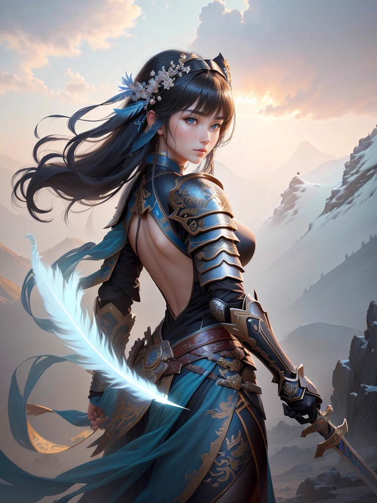 a woman in armor holding a sword and a feather, zhao yun, by Ju Lian, by Qu Leilei, chinese warrior, inspired by Shen Zhou, inspired by Li Mei-shu, by Li Zai, g liulian art style, a beautiful woman warrior, inspired by Li Rongjin, inspired by Ju Lian, beautiful character painting, xianxia hero, Highly detailed CG unit 8k wallpaper, masterpiece, High resolution, highest quality, highest quality real texture skin, Super Real, Digital Painting, Best image quality, 最High resolution, 8k, ((Highly detailed eyes and face, Beautiful eyes every detail)), smile, black hair, profile, Backless clothing, Big Ass, 