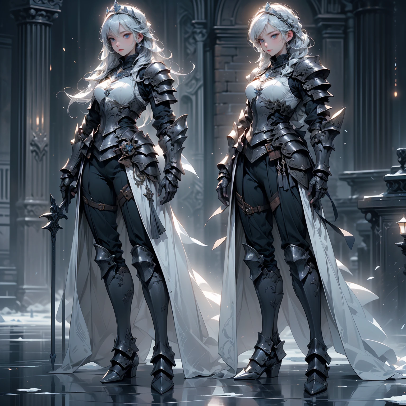 (((masterpiece, best quality, high detailed, 8k))) Design a layout showcase Gaming character, (1girl). Blue|White armor, stylish and unique. ((showcase weapon:1.4)), ice spear. (masterpiece:1.2), (best quality), 4k, ultra-detailed. (Step by step design, layout art:1.5), (luminous lighting, atmospheric lighting). ice queen, ((glove full hands)), (((revealing armor:1.3))), vambraces, armored legwear, (((full_body_shot:1.4))). {On a frozen lake}.
