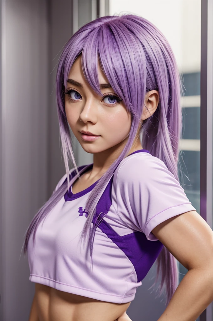 Generates an anime girl with lilac hair and honey eyes wearing the UA uniform and muscular