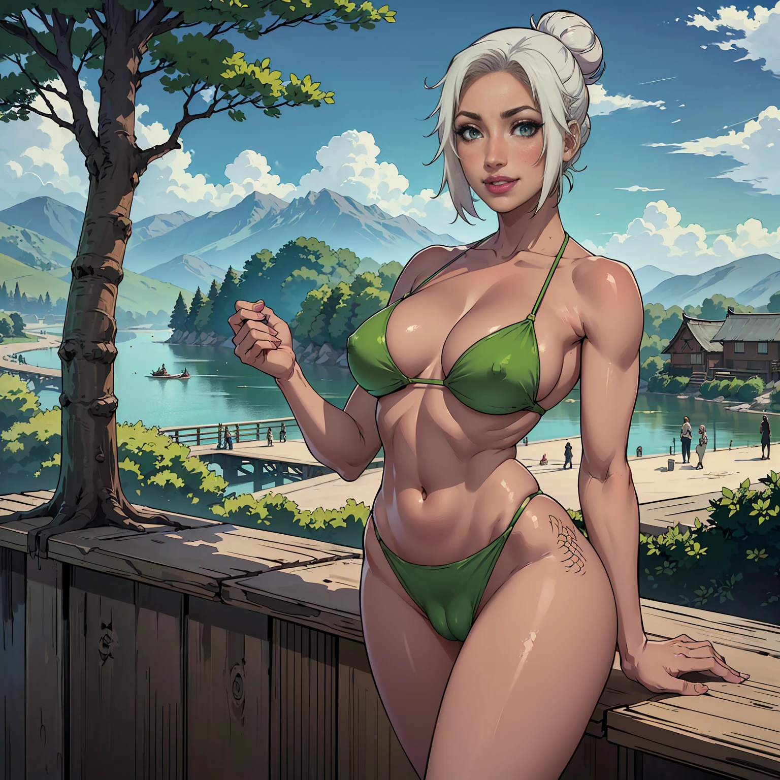 (((solo,1woman, mature, alone))), mabui, ((hair bun, short hair, white hair, glowing green eyes, wide eyes, lipstick, makeup, narrow waist, skinny, medium breasts, dark skin, dark-skinned female,)), pelvic curtain, ((green bikini, fishnets)), full body, perfect body, (insanely detailed, beautiful detailed face, masterpiece, best quality), (extremely detailed 8k paper CG wall unit: 1.1), (konohavillage, konoha gate walls, river, lake, tree, mountain, flower, at dawn, zebra cross, cloudy sky, cloud, dusk), (smile face for the viewer), cameltoe view, cameltoe, View from above, Diagonal view