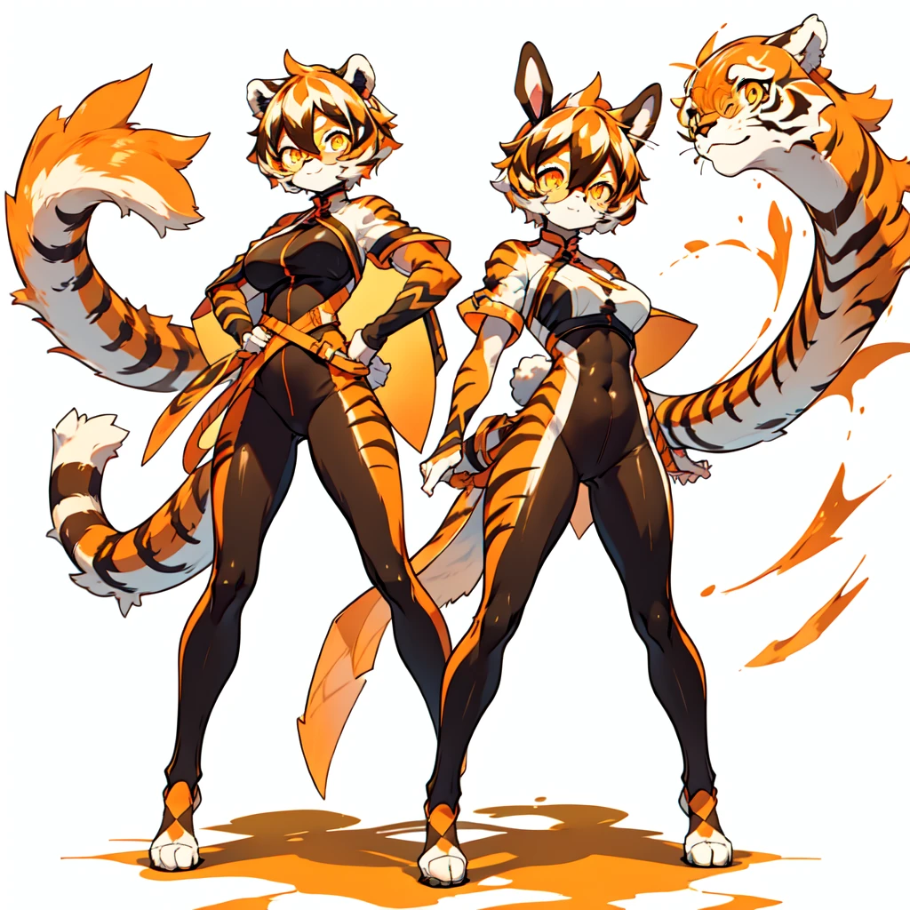 white background, full body,1girl，solo, Standing:1.5, animal ears, white hair, black hair, short hair, large breasts, Abdominal muscles,, tail, orange eyes, orange hair, multicolored hair, tiger girl, hair between eyes, tiger_ears, tiger_tail, orange-tinted_eyewear, tinted_eyewear, big breasts, evil smile, Shadows under feet,(((bunny girl outfit:1.2))),