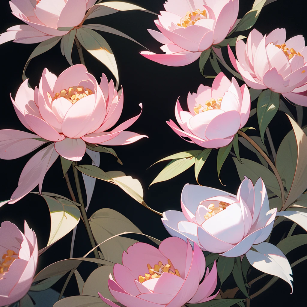 Animated image of white and pink peonies, 8k, Ultra realistic, work of art, ​masterpiece, black backdrop, ultra quality 