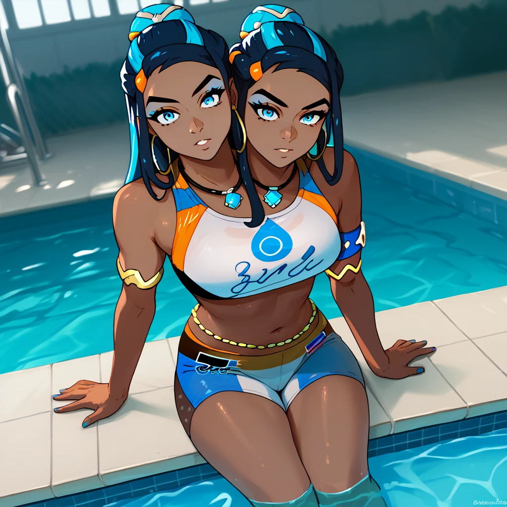 Different facial expressions, Conjoined, two heads, score_9, score_8_up, score_7_up,  EPpkNessa,, blue eyes, black hair, blue hair, streaked hair, single hair bun, dark skin, dark-skinned female,, swimsuit, sportswear, blue eyeshadow, makeup, bike shorts, belly chain, navel, jewelry, hoop earrings, midriff, necklace, bikini, crop top, armlet, swimming, looking at viewer, swimming pool