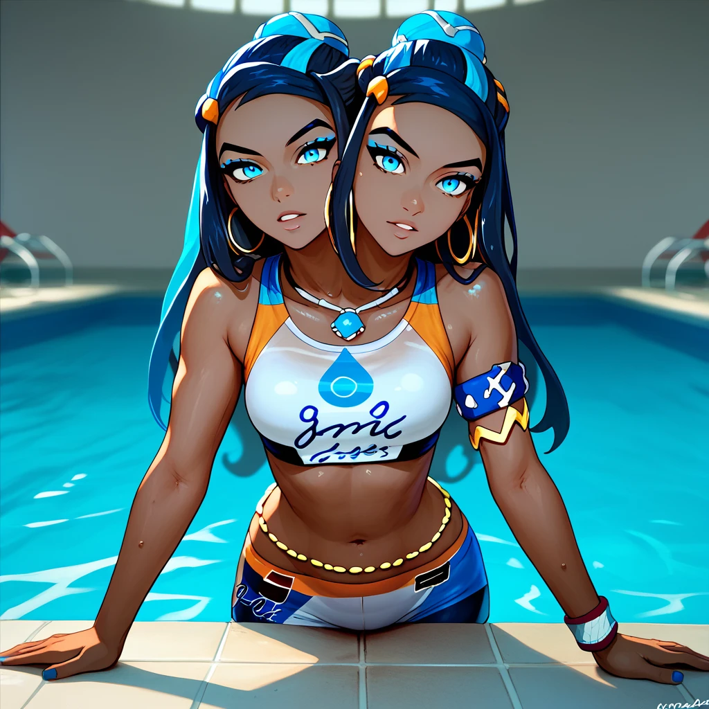 Different facial expressions, Conjoined, two heads, score_9, score_8_up, score_7_up,  EPpkNessa,, blue eyes, black hair, blue hair, streaked hair, single hair bun, dark skin, dark-skinned female,, swimsuit, sportswear, blue eyeshadow, makeup, bike shorts, belly chain, navel, jewelry, hoop earrings, midriff, necklace, bikini, crop top, armlet, swimming, looking at viewer, swimming pool