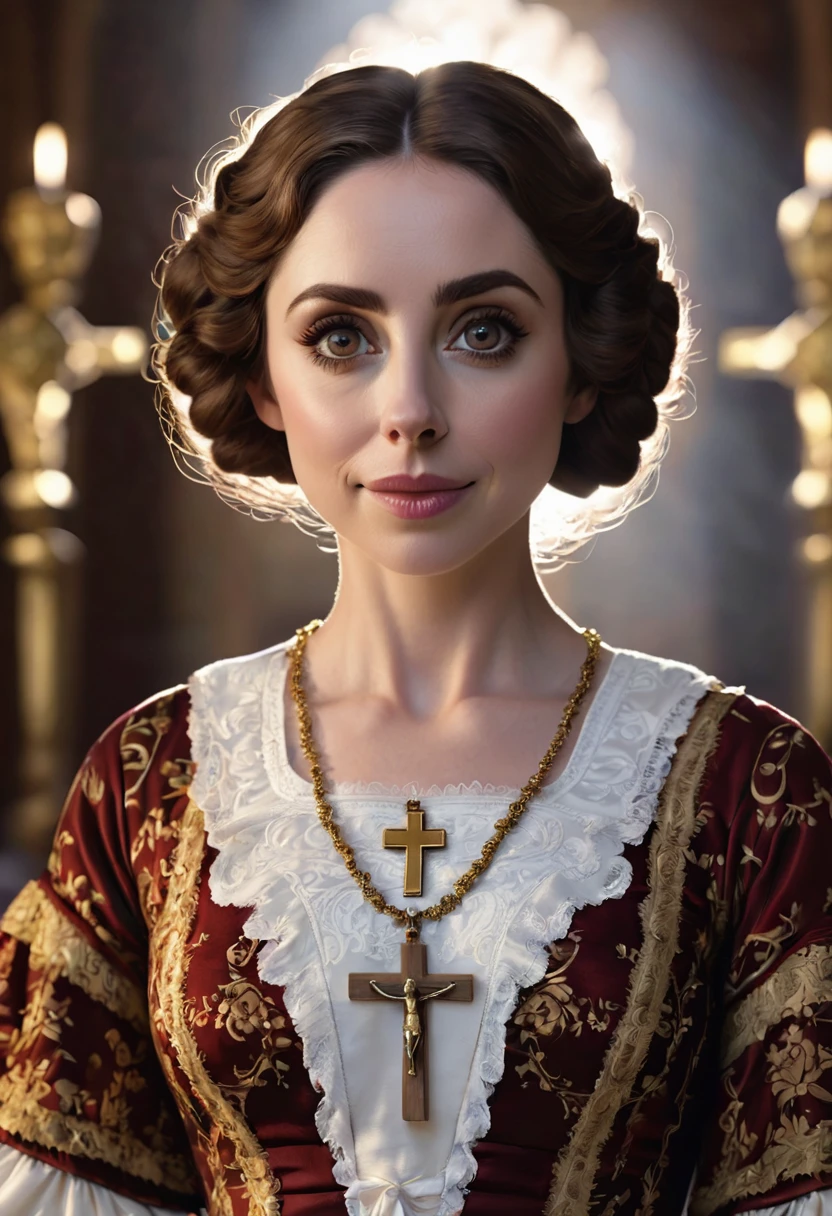 A beautful jewish women with a thick bush unibrow and a large bulbous nose. brown hair that is extremy curly and kinky, Traditional jewish dress. Ultra HD, with Rococo he symmetrical face, photorealistic photography, path tracing, specular lighting, and volumetric face light enhance the details. The scene is captured in maximum quality, masterpiece, 8K high resolution, and top quality.Alison Brie. Epc lighting, striking silhouette. crucifix necklace. Doe eyes. The epitome of old wpr;d beauty and charm. The symmetrical face, photorealistic photography, path tracing, specular lighting, and volumetric face light enhance the details. The scene is captured in maximum quality, masterpiece, 8K high resolution, and top quality. style of H. A. Brendekilde