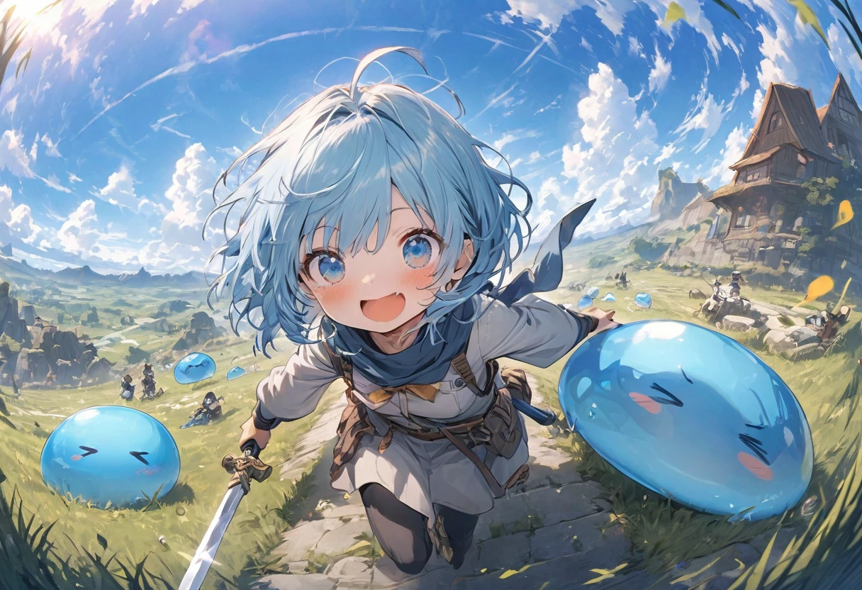 A small, blue-haired swordsman riding a blue slime, grassland、Clear blue sky、adventure、Fisheye Lens:1.2、Feel the depth、Fun Expressions
