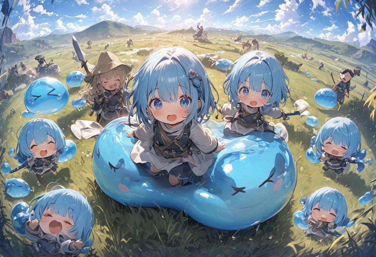 A small, blue-haired swordsman riding a blue slime, grassland、Clear blue sky、adventure、Fisheye Lens:1.2、Feel the depth、Fun Expressions