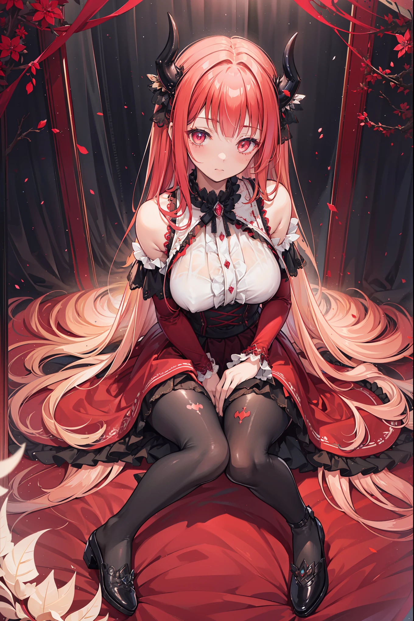 (Extremely detailed CG unity),Detailed clothes, Masterpiece, An extremely delicate and beautiful, full body shot of, 1girll, Sitting position,  messy  hair, Beautiful detailed eyes，red color eyes, lacepantyhose，florals，The horns of the succubus，girls shoes，Avoid extra feet，Exquisite and translucent gothic skirt