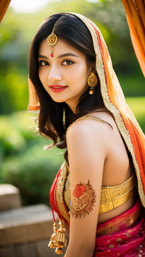 saree,posing in a colorful garden,golden sunlight,soft shadows, vibrant colors, henna tattoos, alluring eyes, seductive smile, flowing hair, elegant jewelry, intricate mehndi designs, sensual movements, graceful posture, traditional Indian earrings, pristine beauty, enchanting ambiance, exquisite silk fabric, delicate drapes, captivating presence, intricate embroidery, ornate bangles, sensual allure, mystical aura, delicate floral patterns, alluring fragrances, captivating gaze, traditional bindi, enticing curves, mysterious veil, feminine grace, bewitching charm, ancient traditions, seductive glance, radiant femininity, sensual whispers. (best quality, high-res, vivid colors, ultra-detailed, photorealistic:1.37), vibrant cultural celebration, cinematic lighting.

Precautions：
- Pay more attention to the description of the key characteristics of the characters，For example, eyes、Lips、hair、decorations, etc。
- Pay attention to depicting comfortable and harmonious pictures、Colorful feeling。
- Use appropriate vocabulary，Highlight the characteristics of the subject。
- The theme is an Indian flirting scene。Add appropriate details as required by the scene。

You can make appropriate adjustments and play based on the above needs，Keep the image relevant to the subject、Be creative and artistic。