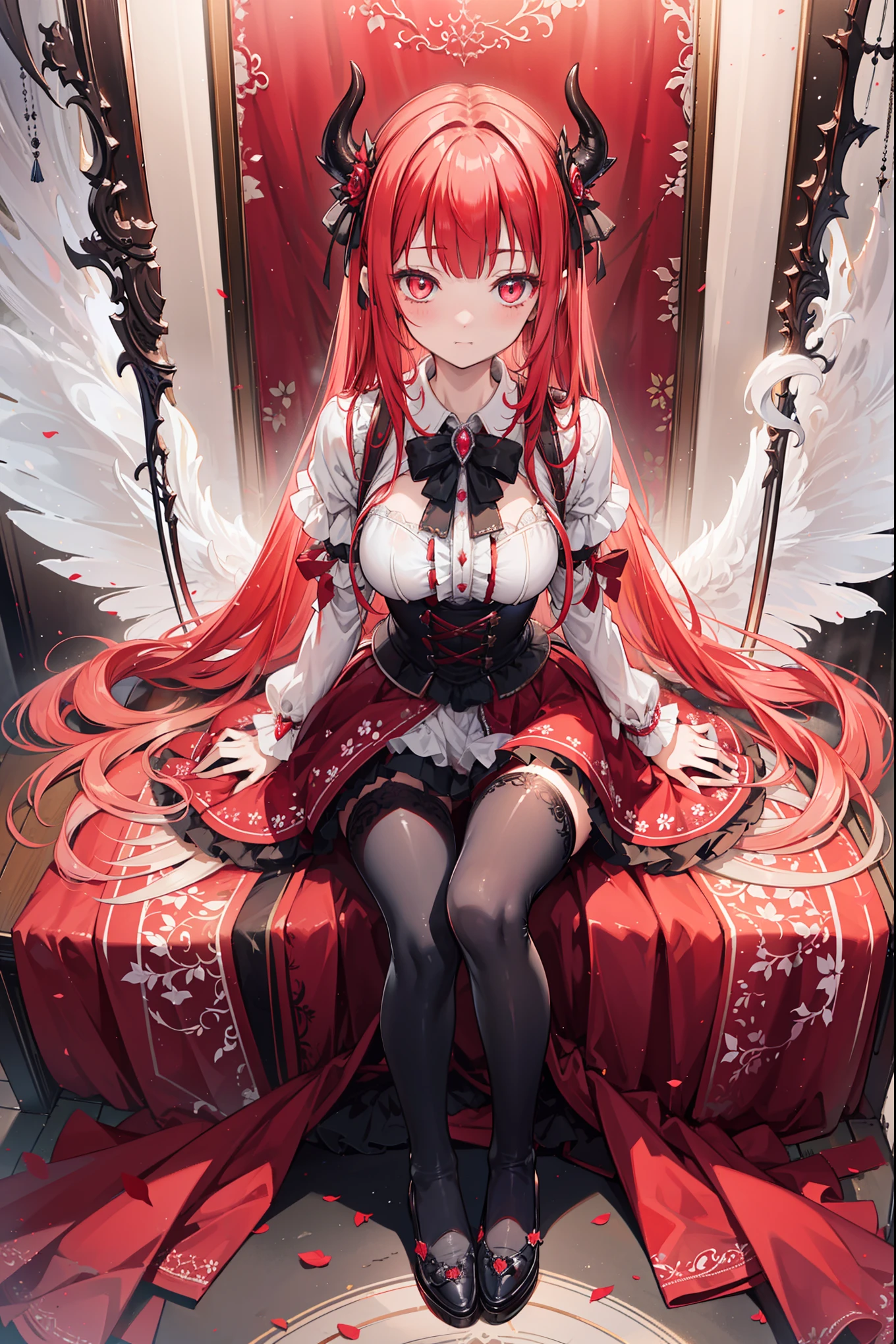 (Extremely detailed CG unity),Detailed clothes, Masterpiece, An extremely delicate and beautiful, full body shot of, 1girll, Sitting position, messy hair, Beautiful detailed eyes,red color eyes, lacepantyhose,florals,The horns of the succubus,girls shoes,Avoid extra feet,Exquisite and translucent gothic skirt