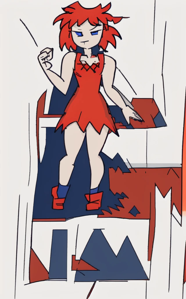 8k.4k,((Best Quality, Masterpiece, ultra high resolution)),((whole body)),standing,by Pixelsketcher, dress, Blue eyes,Red hair, red dress, short hair,old,short dress,shoes, red shoes, neckline, sleeveless dress,(Blue socks),human,hair ornament,White background,Alone,hands on the hips