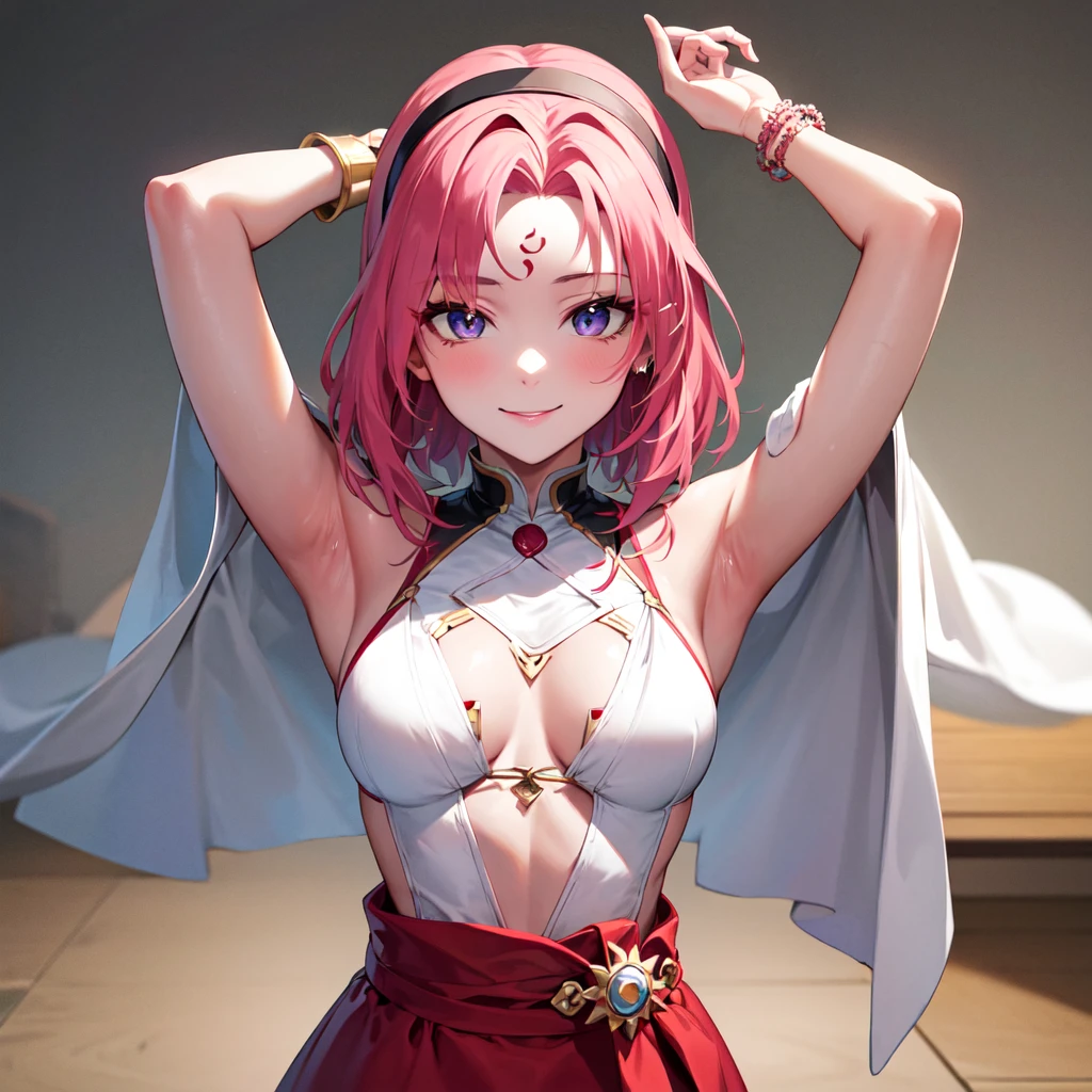 masterpiece, Best quality,Sharpness,absurdity ,1 girl, Haruno Sakura,mark on forehead, red hairband,, bracelet, I look at the viewer, (hands behind your head:1.1), smile,, medium large breasts,I&#39;m standing in the garden,hands behind your back,Close-up,upper body only , ченый latexный костюм на все тело , shiny black latex, Shiny skin , latex 