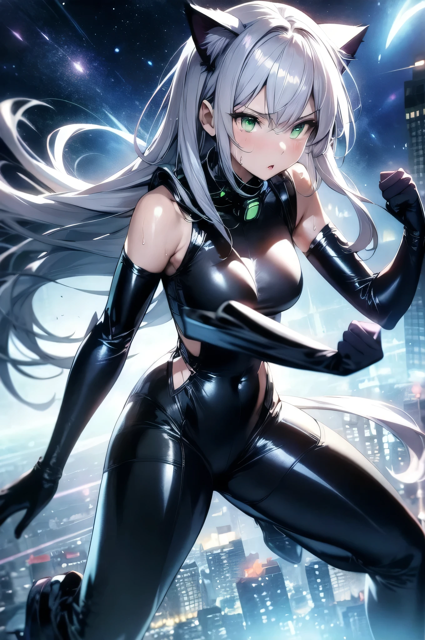 A silver-haired beautiful girl with cat ears eyes are green hair is silver and long clothes: a form-fitting black combat suit The fist is an afterimage The background is a city at night her is in a cat-like fighting pose The year is 14 years monitor, Dark Night, Sweat, Steam of Exhalation, Space, Battle, Dynamic Angle　one girl