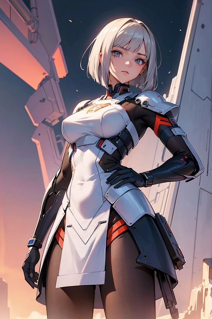 masterpiece, best quality, ultra detailed, 4K, no bad anatomy and fingers, super detailed skin, stylish pose, hands on hips, standing, cyborg beautiful girl, face like a Paris Collection model, asymmetrical bob cut with mesh highlights, wearing dress armor by top designer, flight unit on her back, giant Mars in the background, anime style, ink painting, rough lines, tilted camera to make her look imposing, cinematic, control room in space station, very detailed background, elaborately designed clothes,