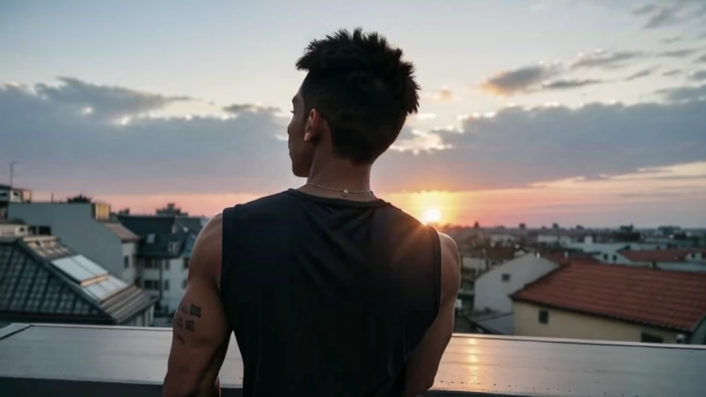 back view, black male, 22 years old, handsome, strong built, in rooftop of his home, looking at sunrise, overlooking houses, cinematic 4k, ultra detailed, hyper realistic
