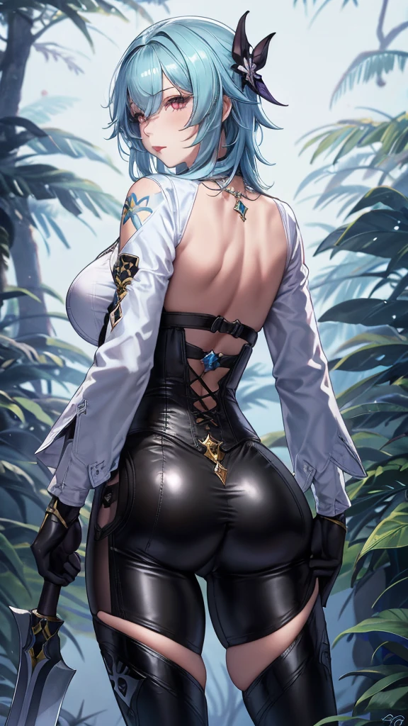 Masterpiece, beautiful art, Professional artist, 8 k, Highly detailed face, Tailored clothing, Detailed texture, 1 girl, Eula, (Genshin Impact), Back view, The perfect ass, Standing, Big breasts, Perfectly drawn body, Pale skin, Serious expression, Beautiful Face, Sky blue hair, 4K eyes, Highly detailed eyes, Pink cheeks, necklace:1.6, (White long-sleeved button-down shirt with a white collar), Black gloves that cover up to the elbows, He holds an ax in his right hand, (Black leather corset), (Shiny black leggings), black leather boots, Sensory lips, Details appear in the eyes, Dark forest, At night, Atmosphere, Mist, rubbing her chest,
