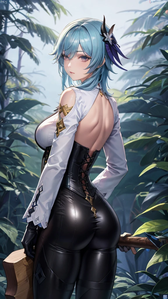 Masterpiece, beautiful art, Professional artist, 8 k, Highly detailed face, Tailored clothing, Detailed texture, 1 girl, Eula, (Genshin Impact), Back view, The perfect ass, Standing, Big breasts, Perfectly drawn body, Pale skin, Serious expression, Beautiful Face, Sky blue hair, 4K eyes, Highly detailed eyes, Pink cheeks, necklace:1.6, (White long-sleeved button-down shirt with a white collar), Black gloves that cover up to the elbows, He holds an ax in his right hand, (Black leather corset), (Shiny black leggings), black leather boots, Sensory lips, Details appear in the eyes, Dark forest, At night, Atmosphere, Mist, rubbing her chest,
