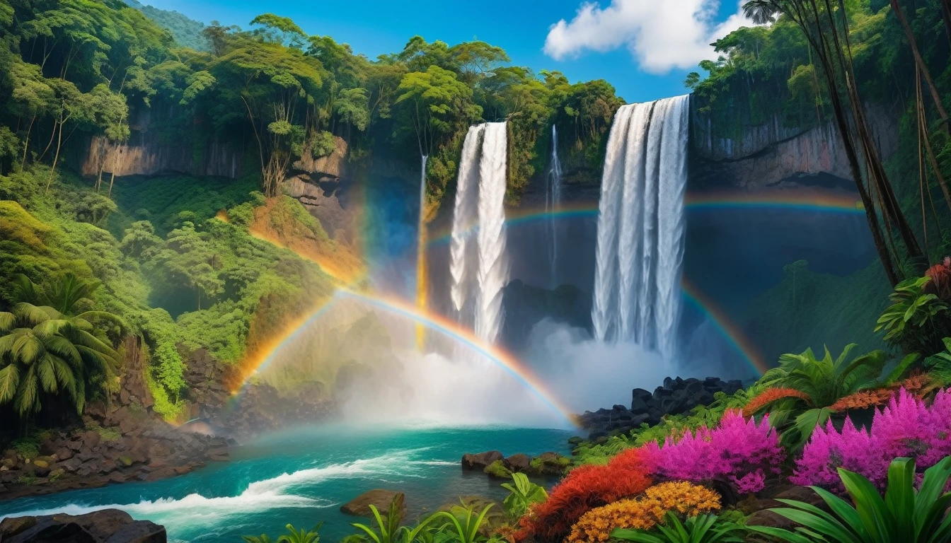 photo of a majestic waterfall in the jungle, the waterfall's water creates a large rainbow, surrounded by colorful blooming flower bushes, first-person view, panorama, UHD,(Best Quality),(Masterpiece Photos), (Details:1.4),(8k Highly Detailed)(Best Quality),(Best Shading)